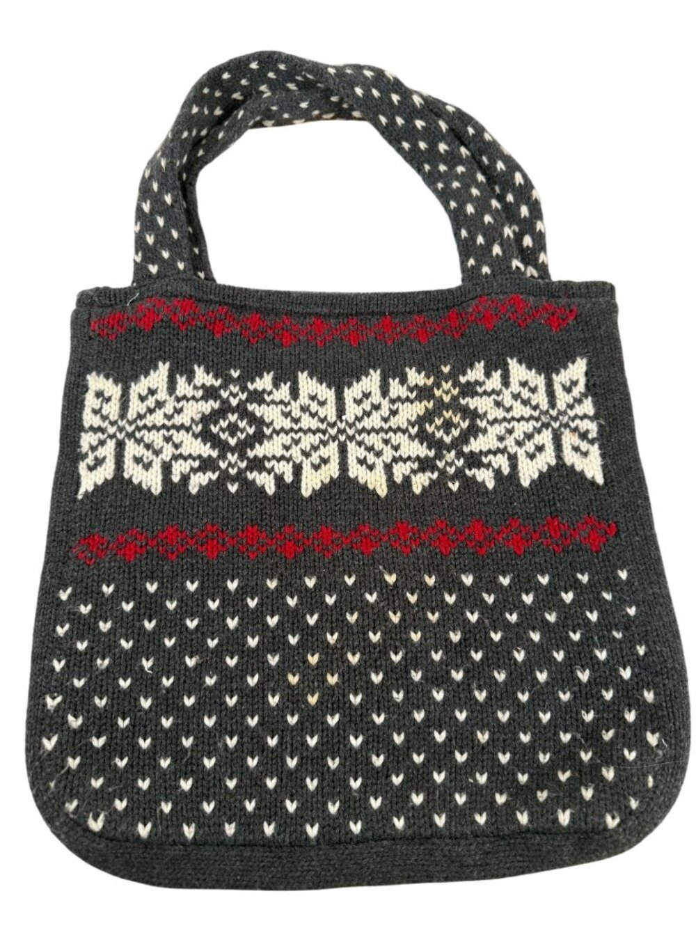 Knit Tote Bag Nordic Snowflake Pattern Gray Red & White Accents Aero Winter